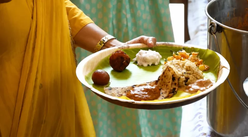 Vegetarian catering food served for a traditional South Indian function